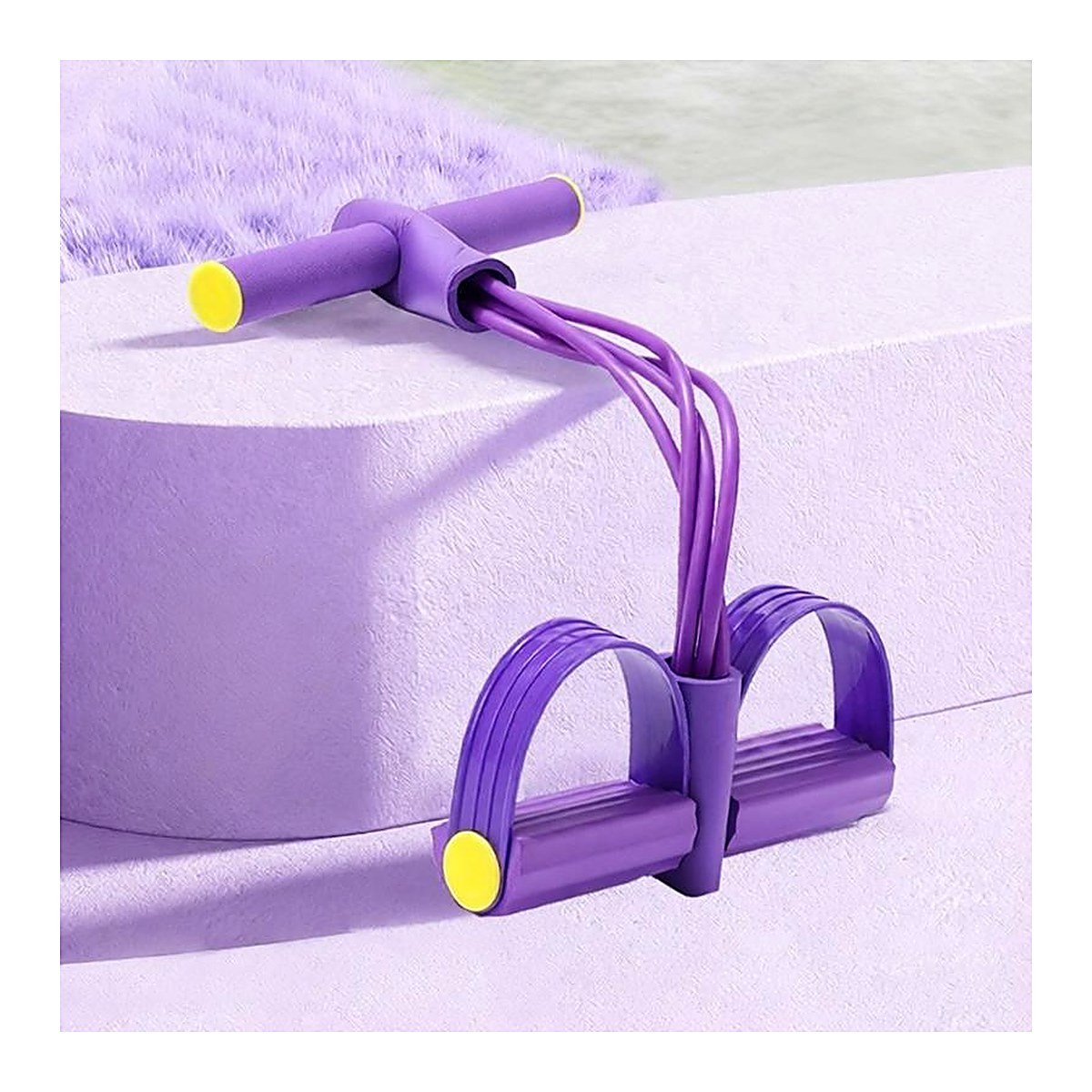 Purple pedal resistance band with foam T-handle and four elastic cords