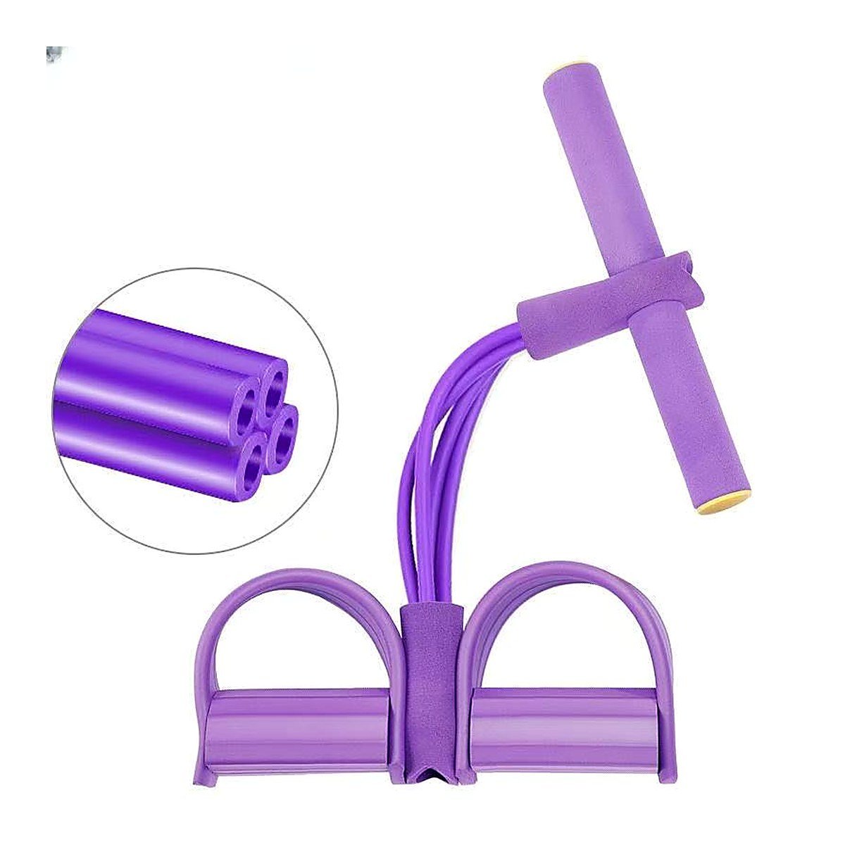 Purple pedal resistance band with yellow trim and four cords laid flat
