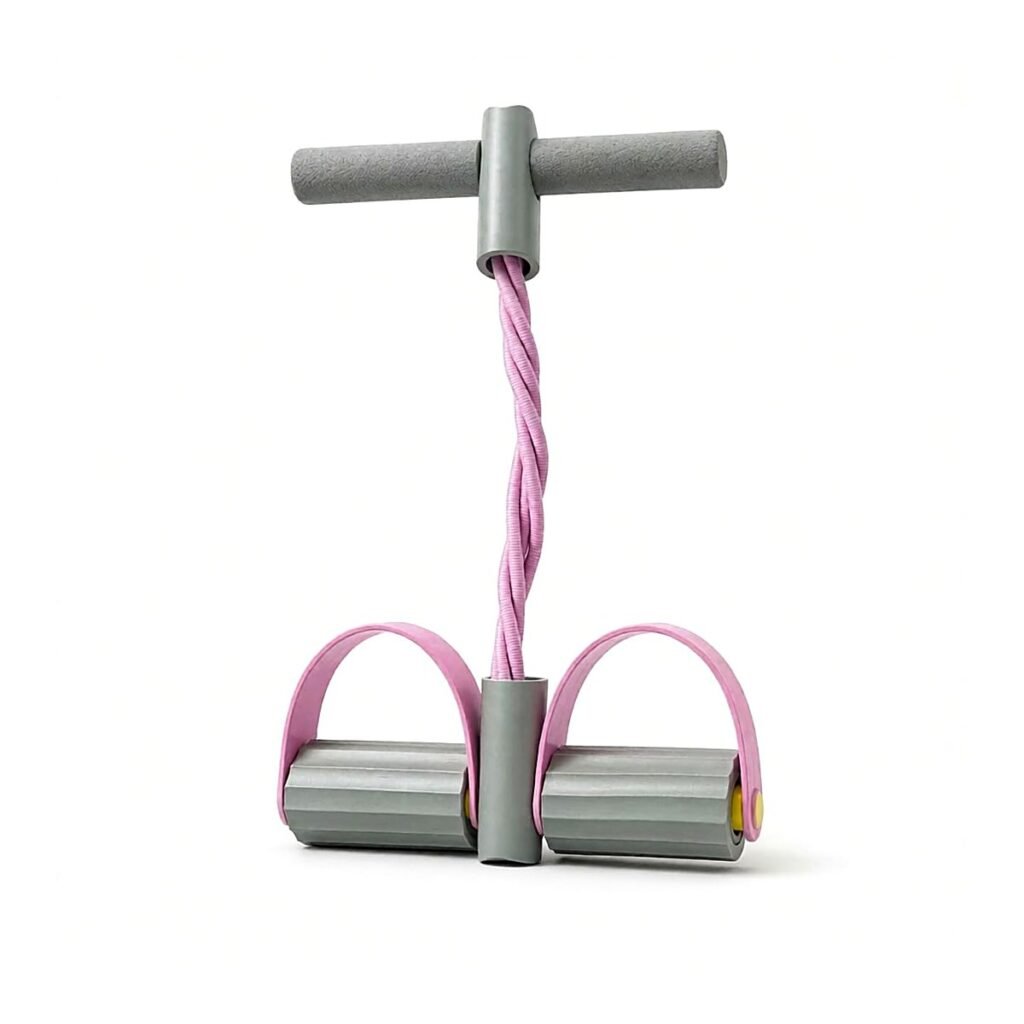 Grey foam handle resistance band with pink elastic cords, product view