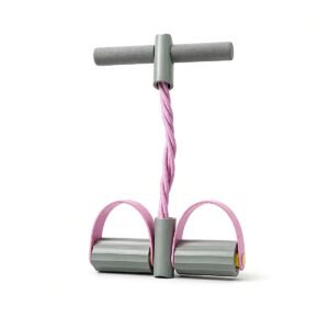 Grey foam handle resistance band with pink elastic cords, product view