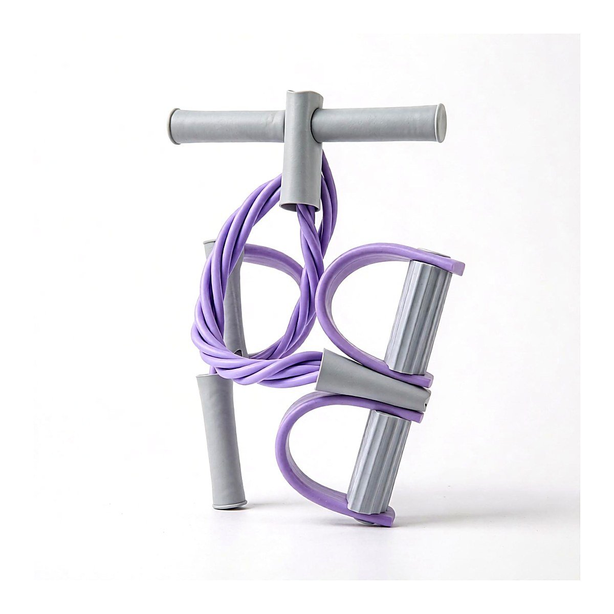 Grey and purple foam handle pedal resistance band displayed upright