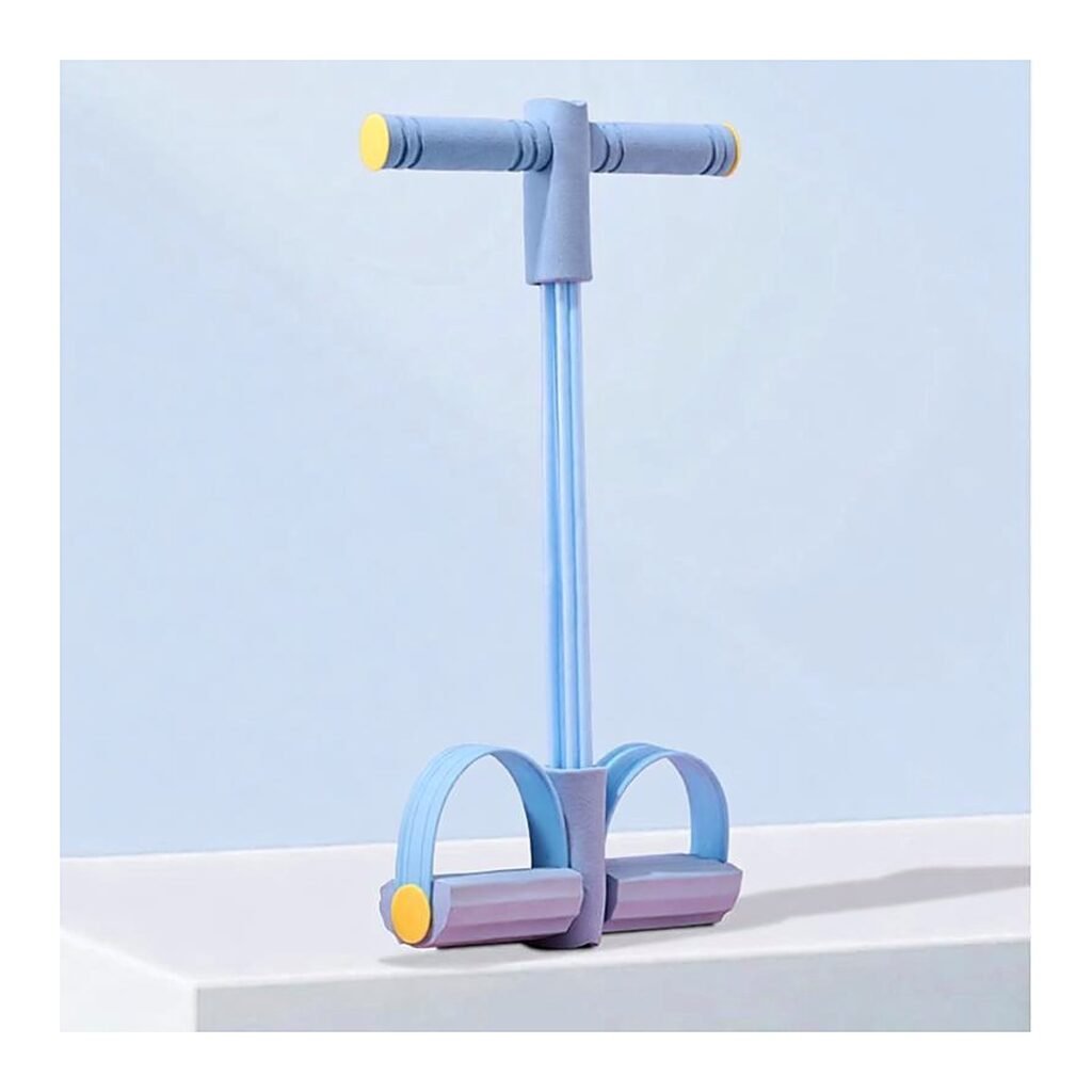 Sky blue pedal resistance band with textured T-handle grips and gold-tipped ends, product view on white