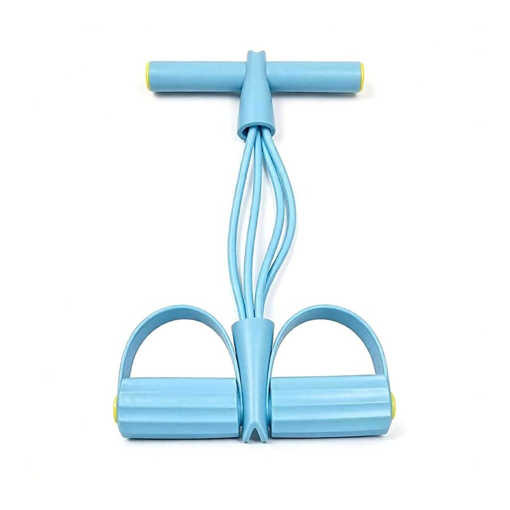 Steel blue pedal resistance band with smooth T-handle, yellow-tipped ends and blue ribbed foot pedals, front view on white