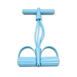 Steel blue pedal resistance band with smooth T-handle, yellow-tipped ends and blue ribbed foot pedals, front view on white