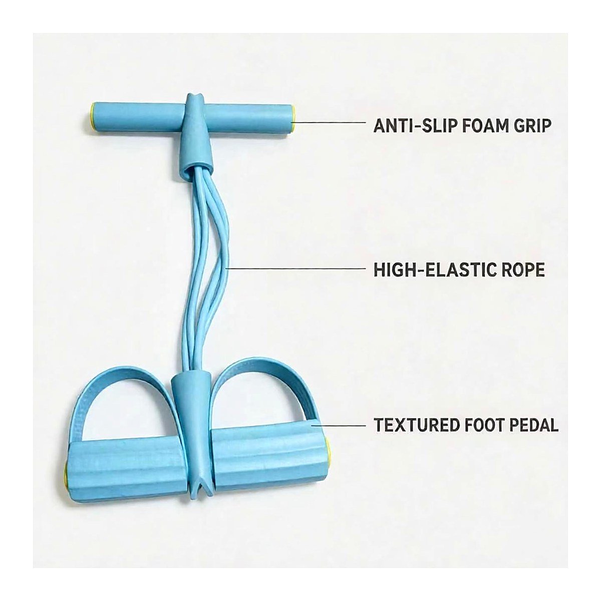 Steel blue pedal resistance band with smooth foam T-handle, yellow-tipped grip ends and ribbed foot pedals, angled detail view