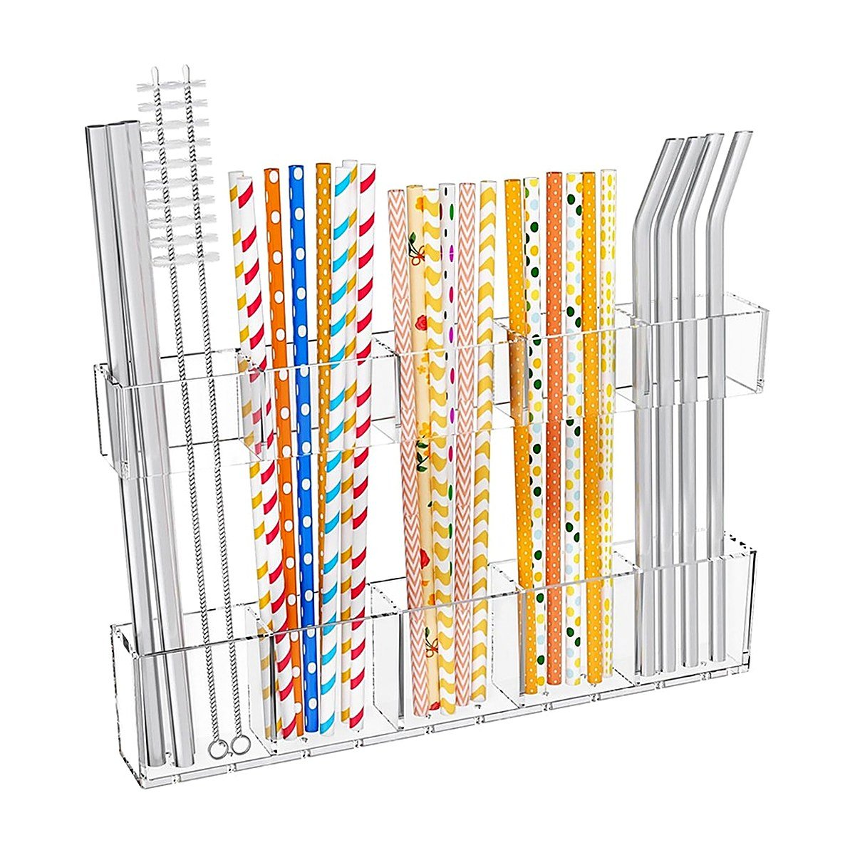 Clear acrylic straw holder organizer holding paper, silicone and reusable metal straws plus cleaning brushes